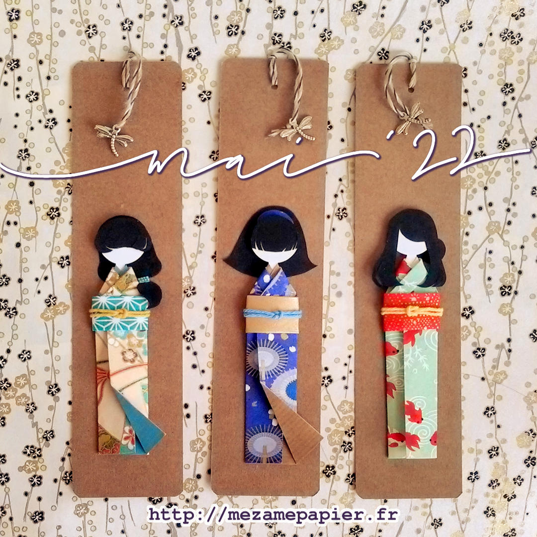 3 marque-page sur base kraft ornés de poupées en papier avec kimono aux motifs de saison