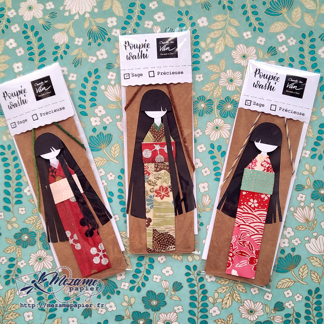 3 marque-page sur base kraft ornés de poupées en papier avec kimono aux motifs de saison