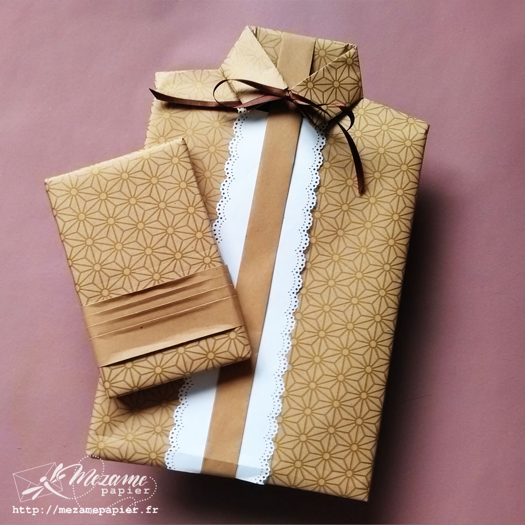 Emballage cadeau original en forme de chemise origami avec papier kraft motif asanoha japonais doré