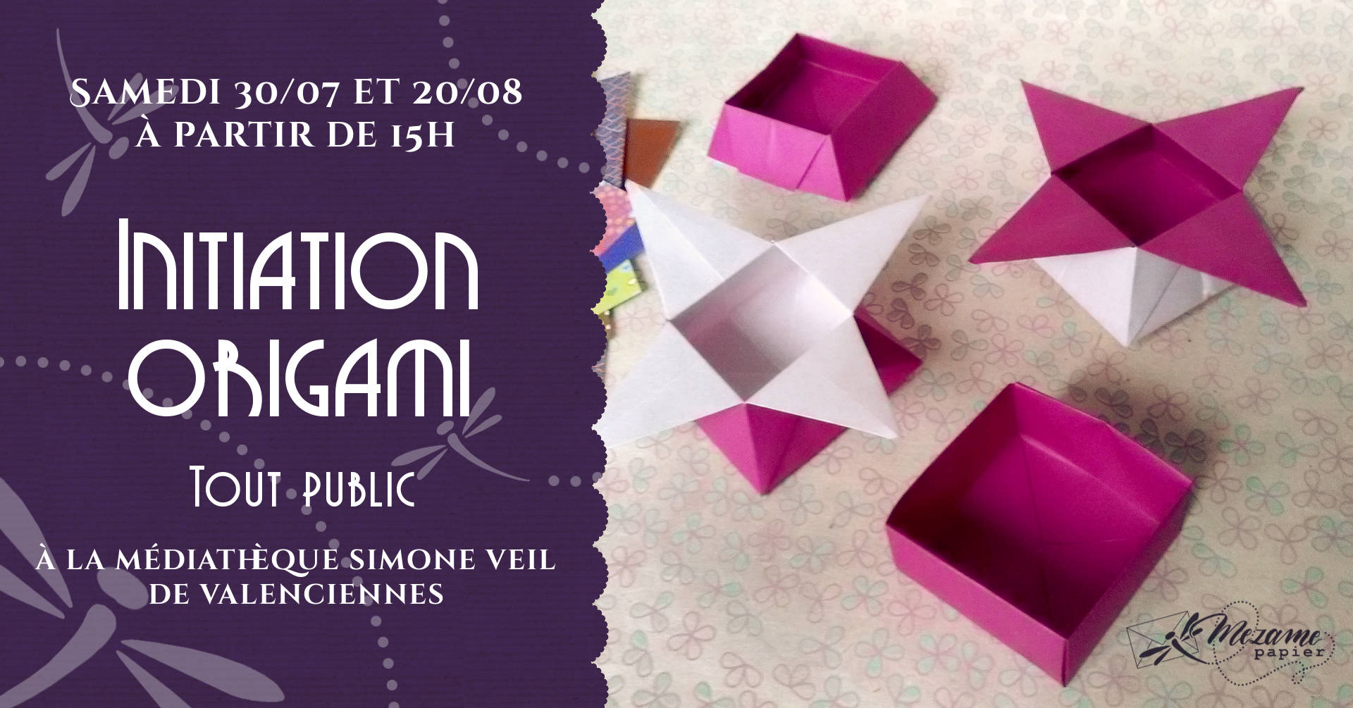 Atelier origami gratuit à la médiathèque Simone Veil de Valenciennes juillet-août 2022
