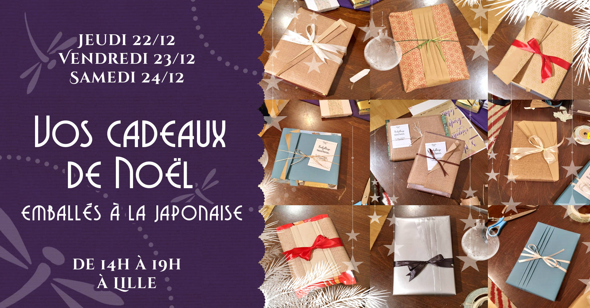 Grille 3 par 3 de photos d'emballages cadeaux à la japonais avec plis décoratifs et rubans de satin contrastants