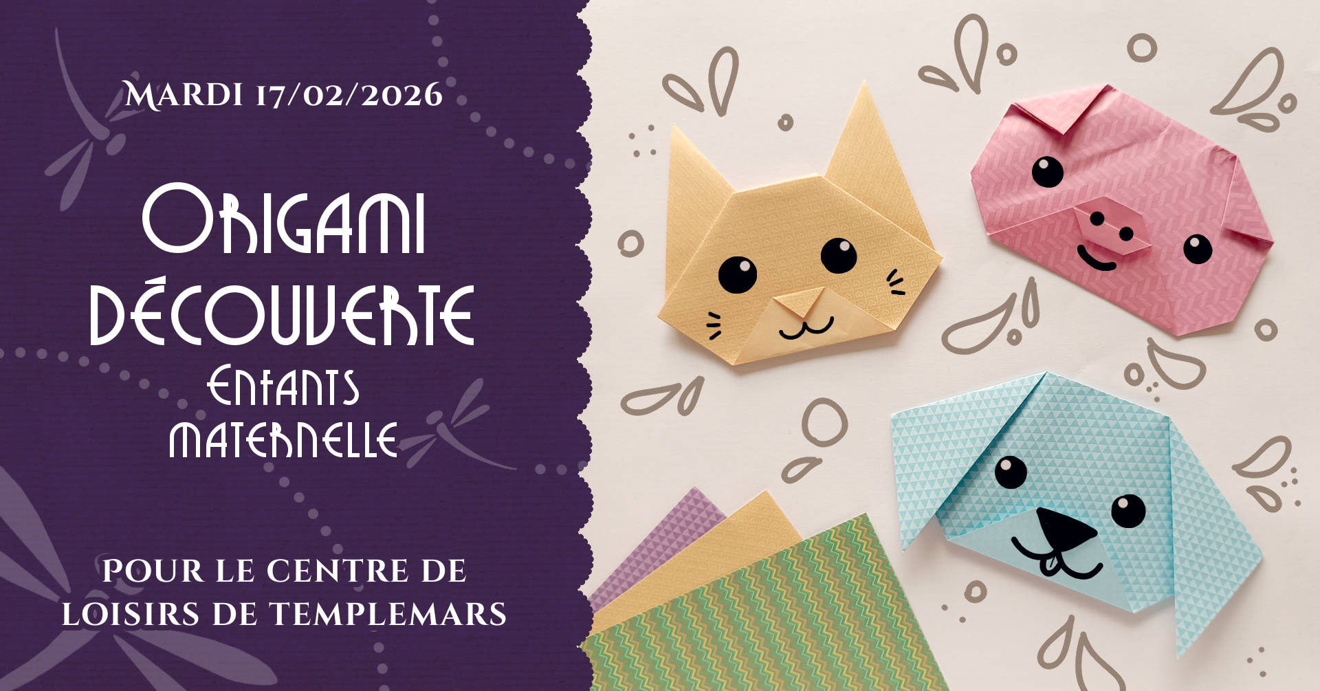 Têtes d'animaux en papier coloré sur fond blanc : chat jaune, cochon rose, chien bleu qui tire la langue