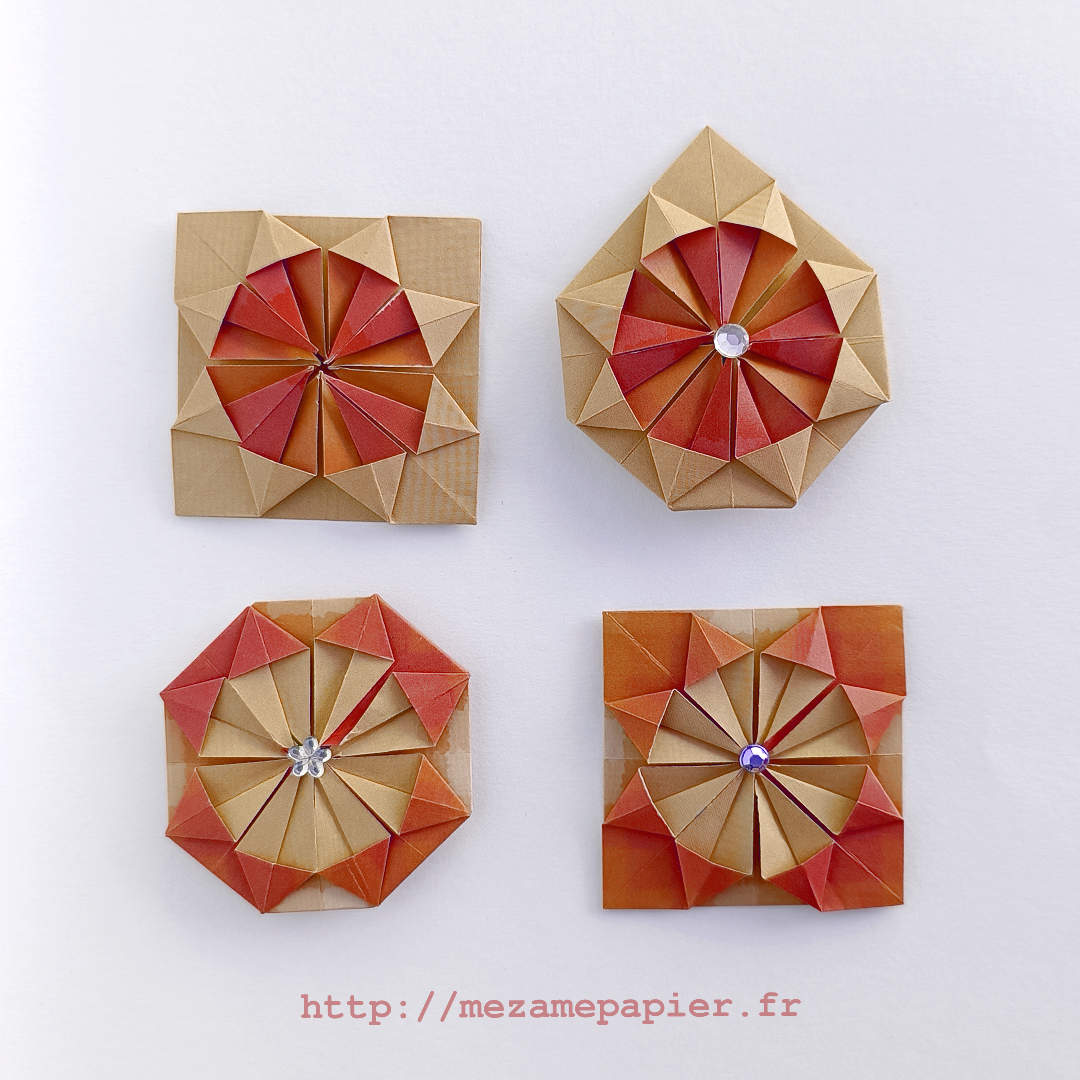 4 cocardes origami, variations autour du pliage traditionnel de la médaille avec strass et plis asymétriques