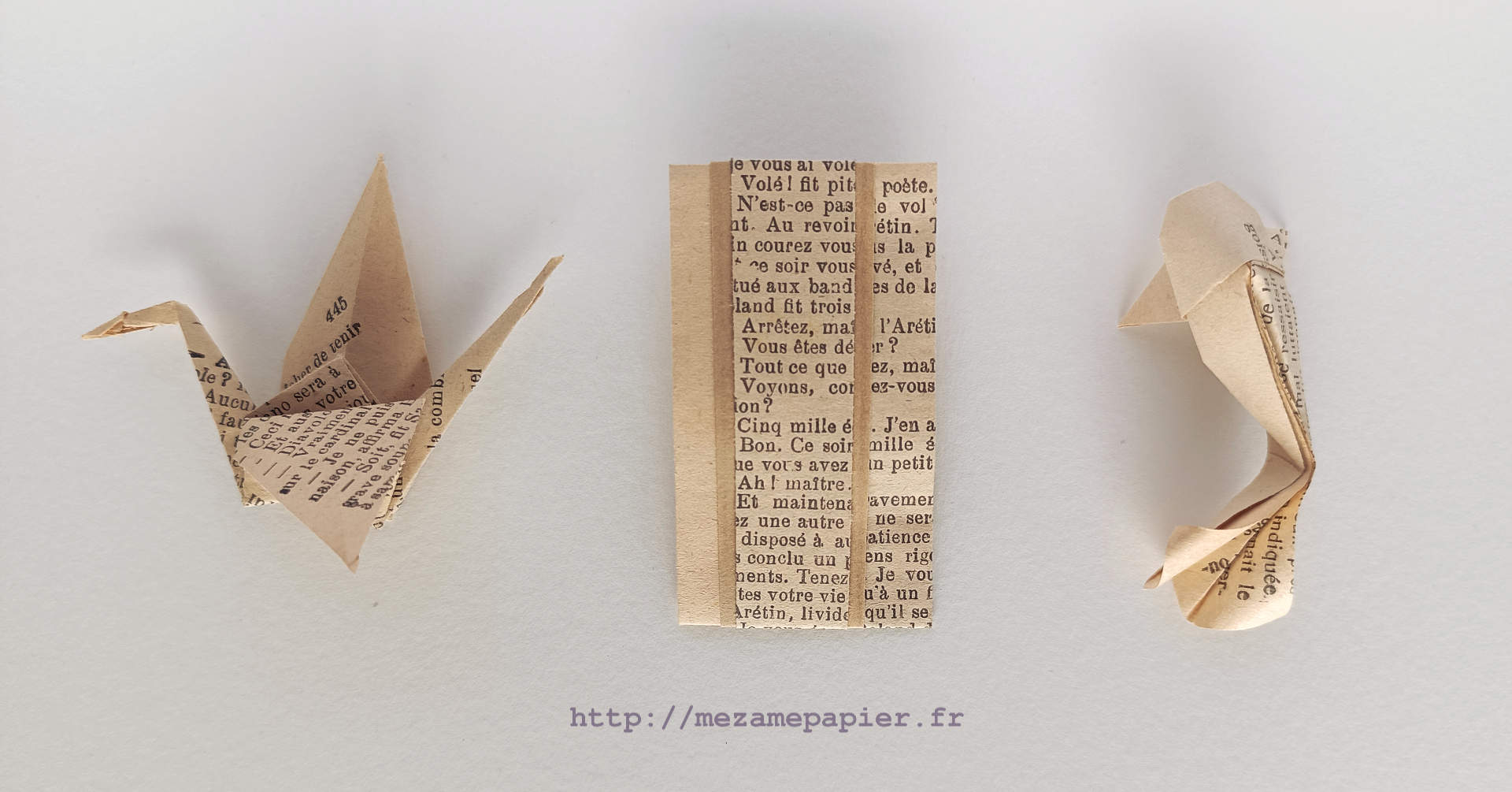 3 pliages origami en papier imprimé vieilli sur fond blanc : grue traditionnelle, noshi bukuro et carpe koï de Riccardo Foschi